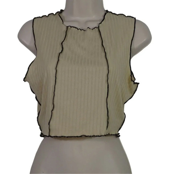 Riley and James Beige Ribbed Sleeveless Cropped Tank Top Women Size S Stretch - Picture 1 of 6